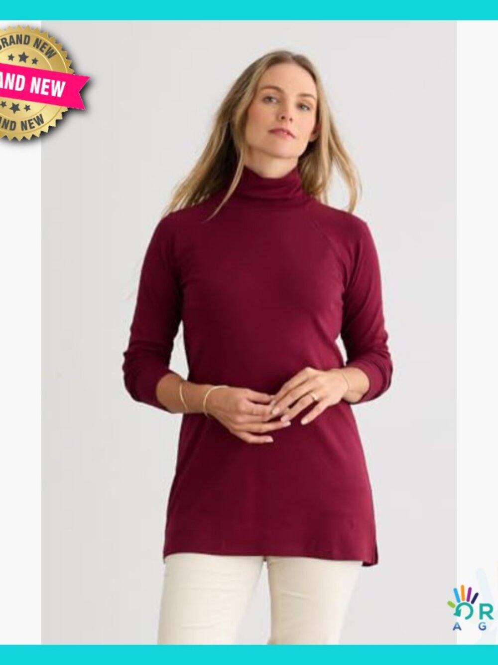 Luxe Organic Cotton Mock Neck Tunic Long Sleeve Cozy Minimal Chic Top - Picture 6 of 7